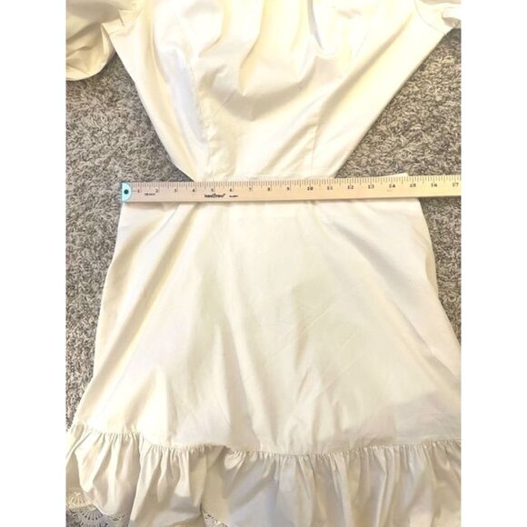 Keepsake Asymmetric Beige Short Puffy Sleeves Open Cut Waist Ruffled Hem Dress 8 - Picture 8 of 9